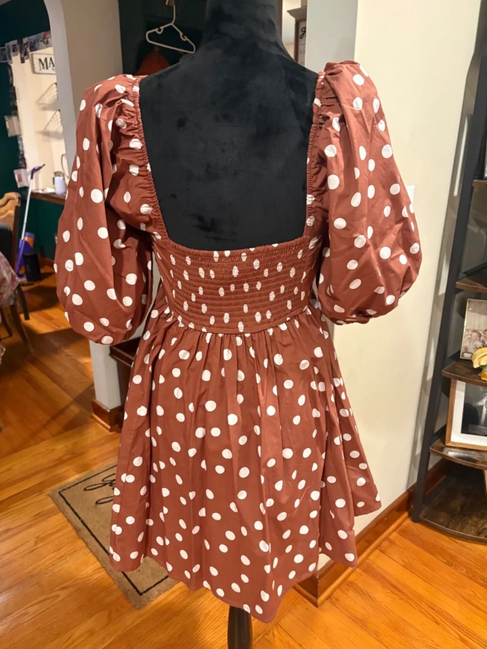 Abercrombie and Fitch Emerson Brown Polka Dot Poplin Puff Sleeve Dress Size Med - Picture 3 of 6